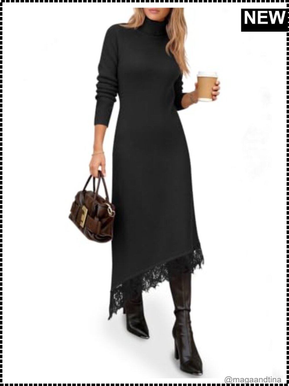 Turtleneck Sweater Dress Lace Patchwork Knit Midi Dress Fitted Long Sleeve Pull